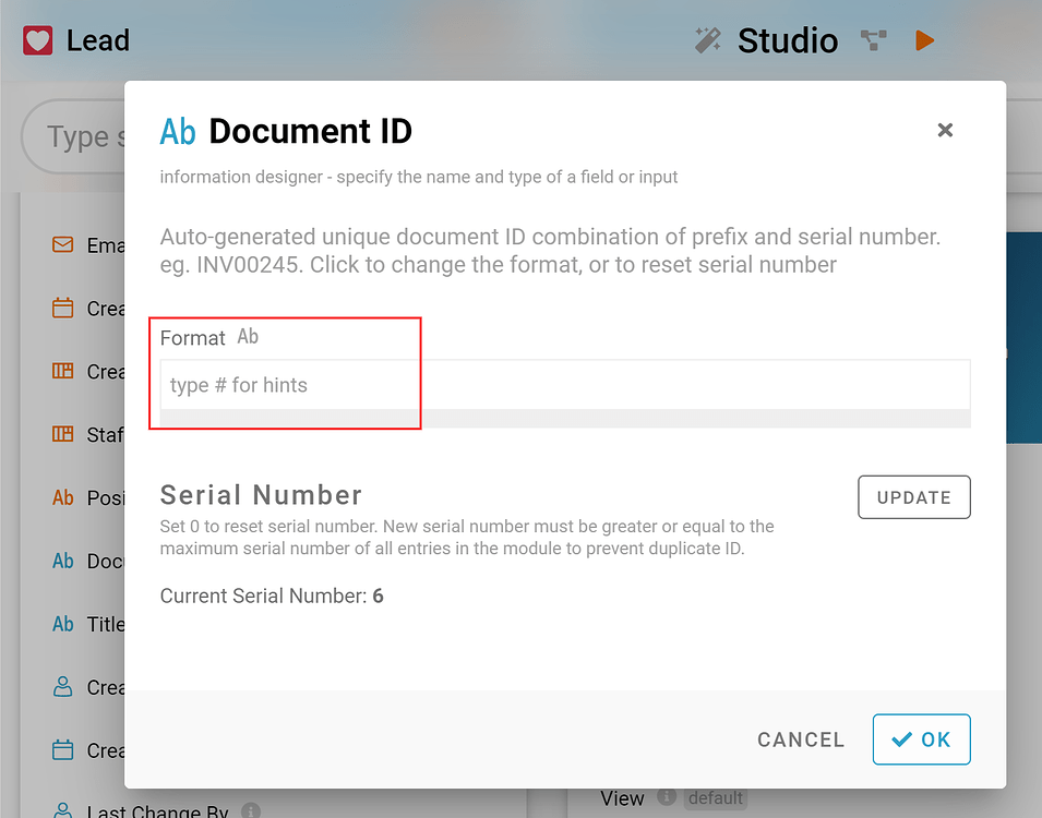 How to configure Document ID & Serial Number - Studio - Inistate Community