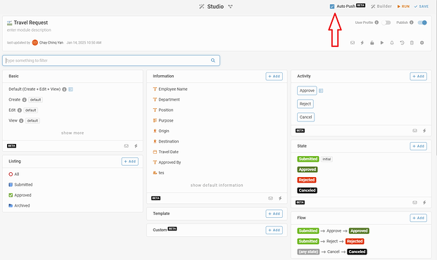 Location of the Auto Push icon in Studio