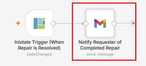 The n8n workflow that sends the requester a repair notification.